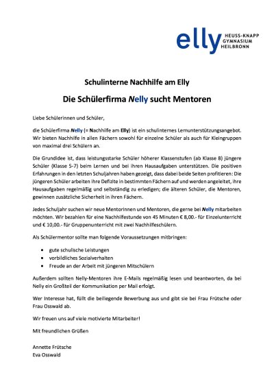 Nelly Bewerbung für Mentoren